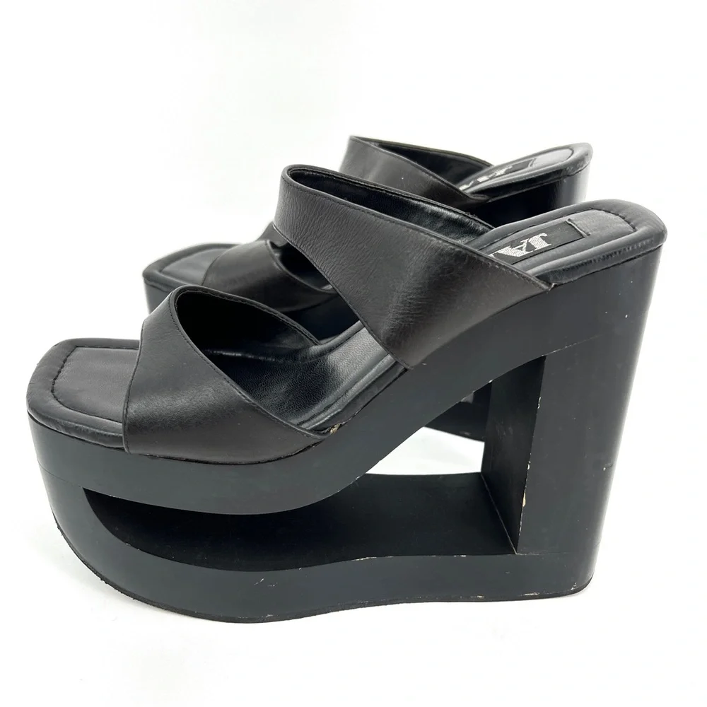 Jante Black Platform Wedge Sandals Cutout Heel Vintage Size 8.5